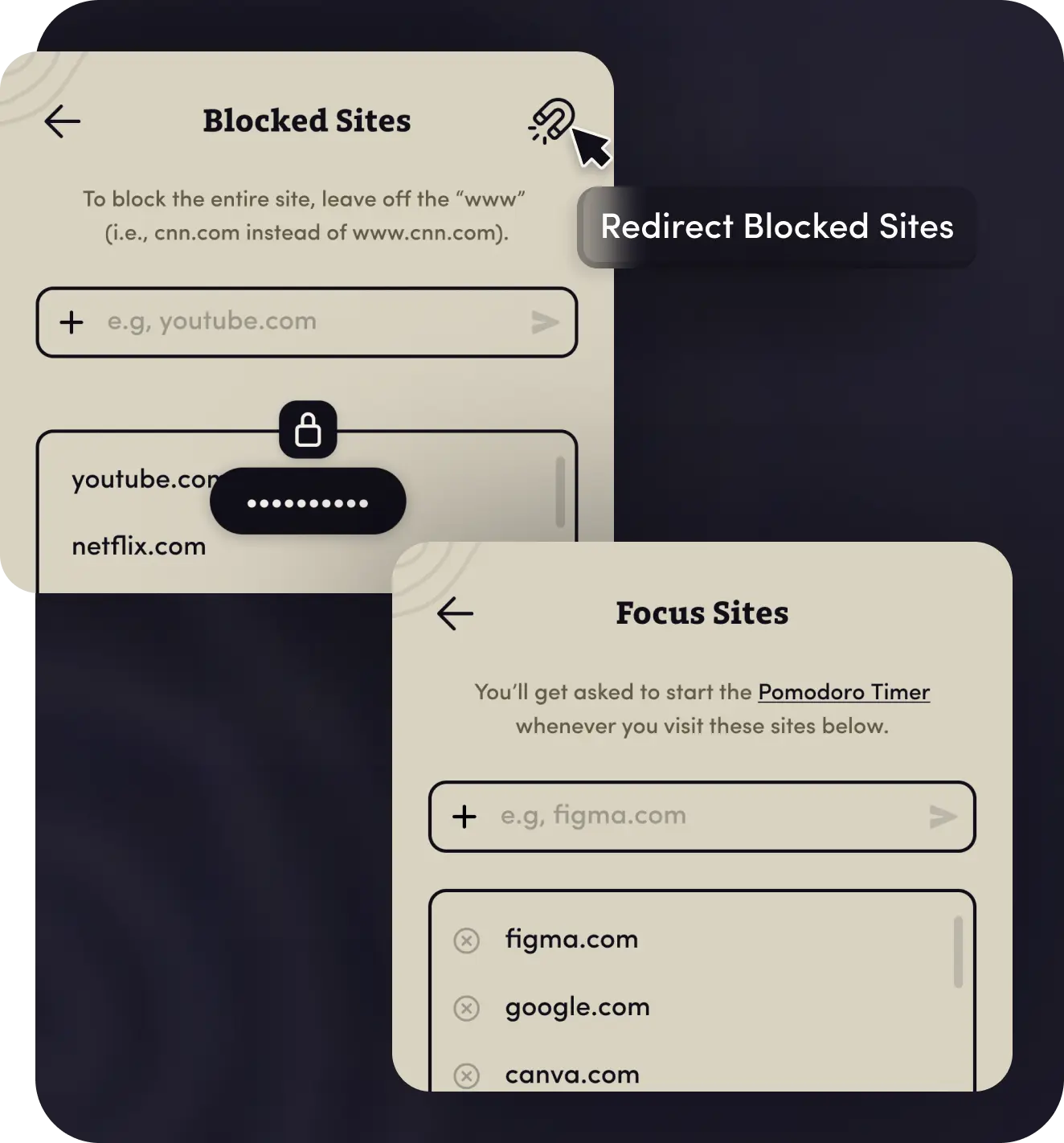 Intentio's blocked and focus sites list, including the redirect blocked site feature.
